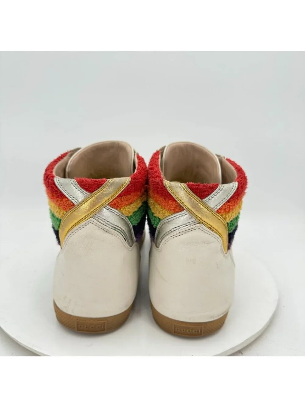 Gucci Men Sz UK 9.5D US 10 White Leather Lace Up Rainbow Heel Collar Mid Shoes